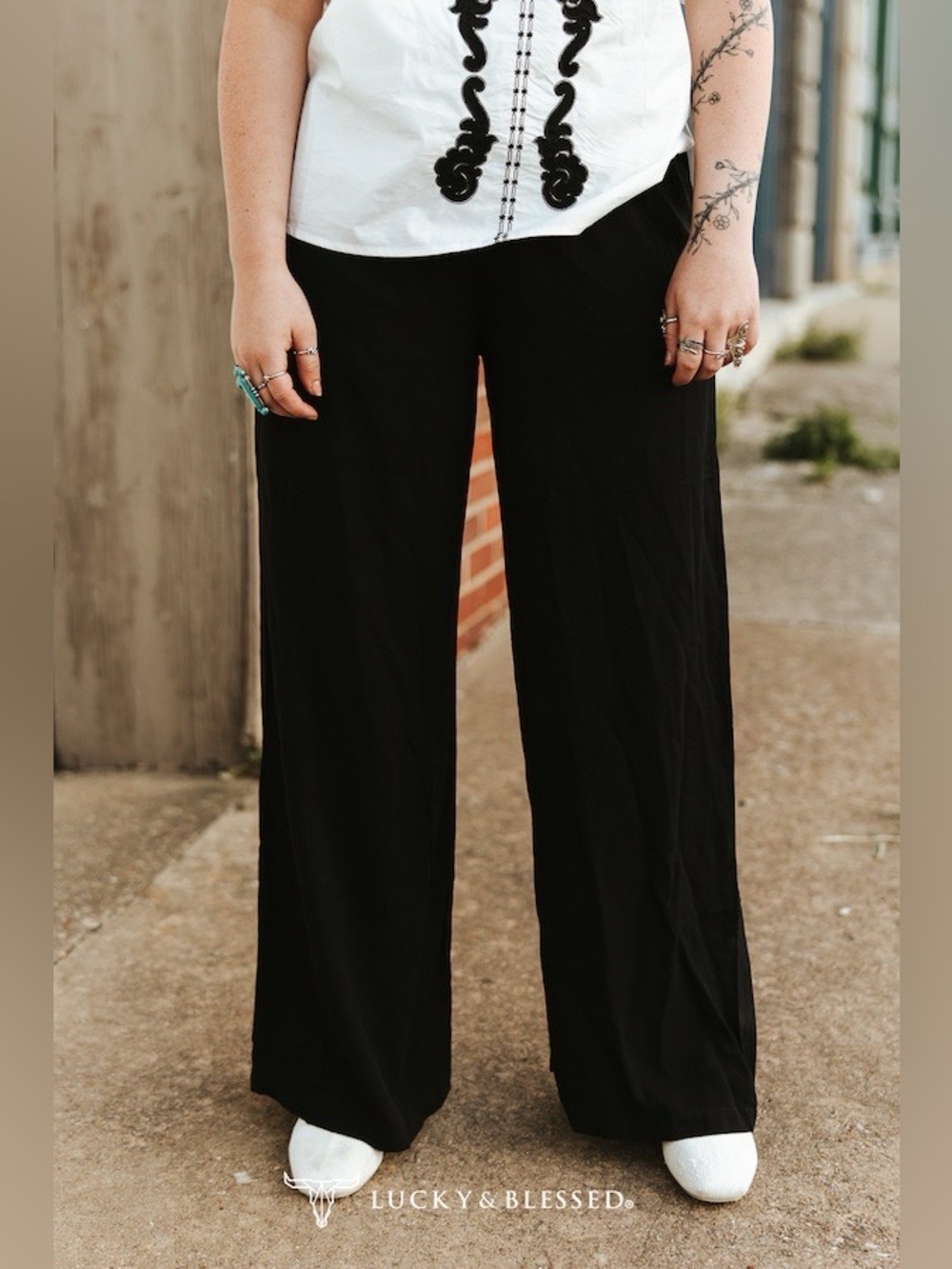 Lucky & Blessed Solid Black Elastic Waist Wide Leg Pants